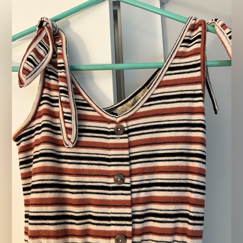 Rewind, extra small jumpsuit, pink, black, and tan stripes, crop wide leg